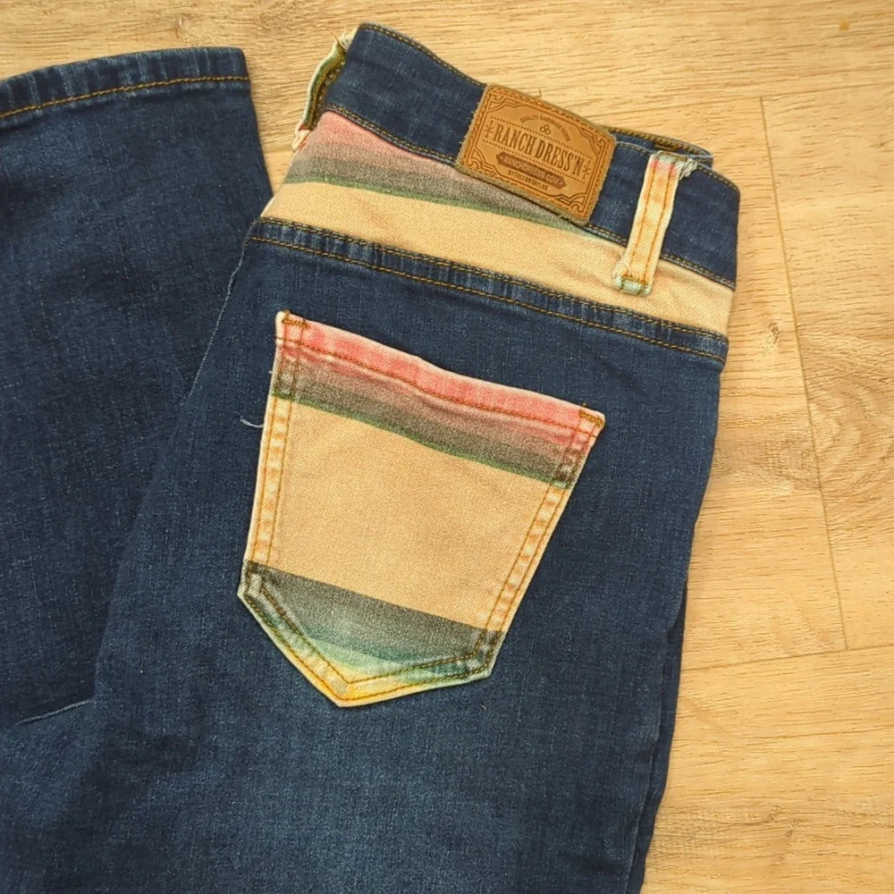 Women’s Dark Blue Boot Cut Jeans with Multicolor Pocket Detail - Picture 2 of 8